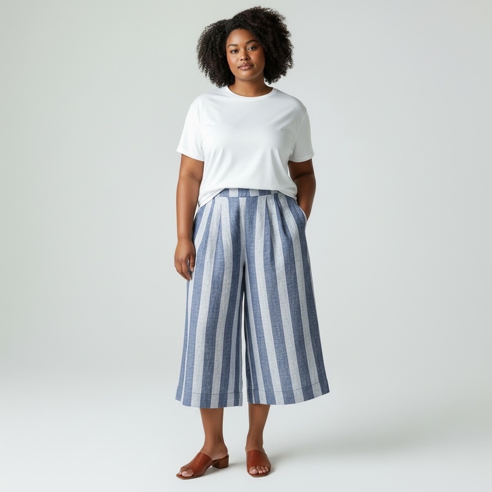GAP Blue and White Striped Wide leg Crop Culotte Linen Pant